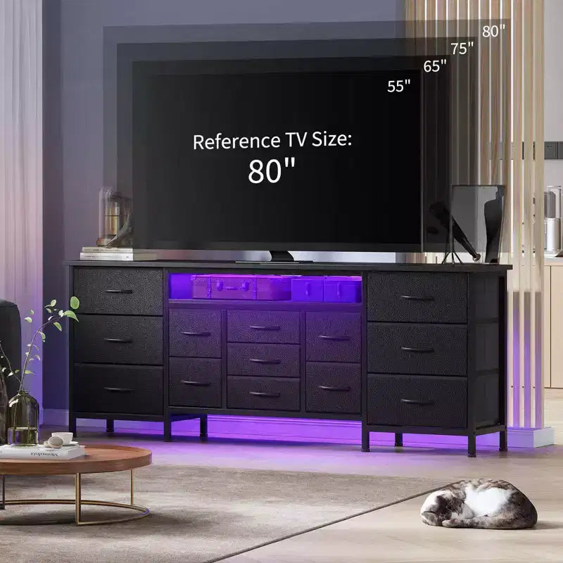 Meuble TV commode de 70 pouces pour téléviseurs de 65, 75, 80 pouces, grande commode de 13 tiroirs en tissu avec prises de courant et lumières LED pour chambre à coucher