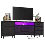 70 Inch Long Dresser TV Stand for 65, 75, 80 Inch TV, Wide 13 Chest of Fabric Drawers Dresser & Power Outlets and LED Lights for Bedroom