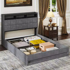 Lit de rangement relevable VECELO double/grand format rembourré, cadre de lit plateforme en métal avec tête de lit éclairée, ports USB et étagères, marron/gris