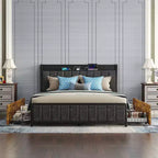 VECELO Full/Queen Size Upholstered Lift Up Storage Bed, Metal Frame Platform Bed with Lighted Headboard, USB Ports and Shelves, Brown/Gray
