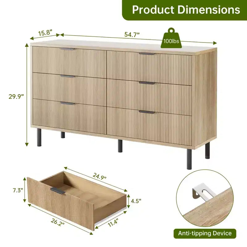 Commode Double 6 Tiroirs Cannelée avec Pieds et Poignées en Métal | Grande Commode en Bois Moderne, Design Anti-Basculement pour Chambre, Salon et Couloir