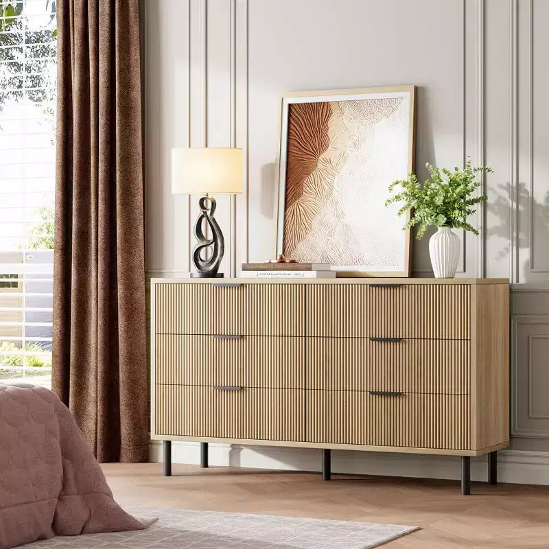 Commode Double 6 Tiroirs Cannelée avec Pieds et Poignées en Métal | Grande Commode en Bois Moderne, Design Anti-Basculement pour Chambre, Salon et Couloir