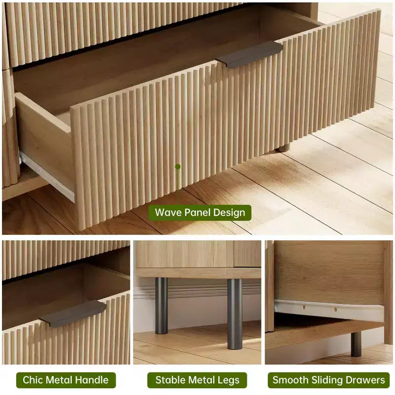 Commode Double 6 Tiroirs Cannelée avec Pieds et Poignées en Métal | Grande Commode en Bois Moderne, Design Anti-Basculement pour Chambre, Salon et Couloir