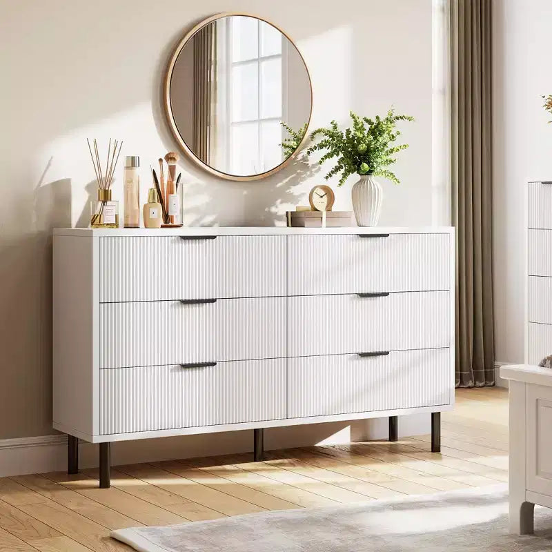 Commode Double 6 Tiroirs Cannelée avec Pieds et Poignées en Métal | Grande Commode en Bois Moderne, Design Anti-Basculement pour Chambre, Salon et Couloir