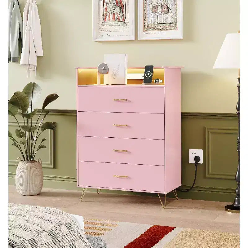 Commode en bois à 4 tiroirs intelligente avec lumières LED et station de charge | Meuble de rangement contrôlé par application avec ports USB/prises CA pour chambre, salon