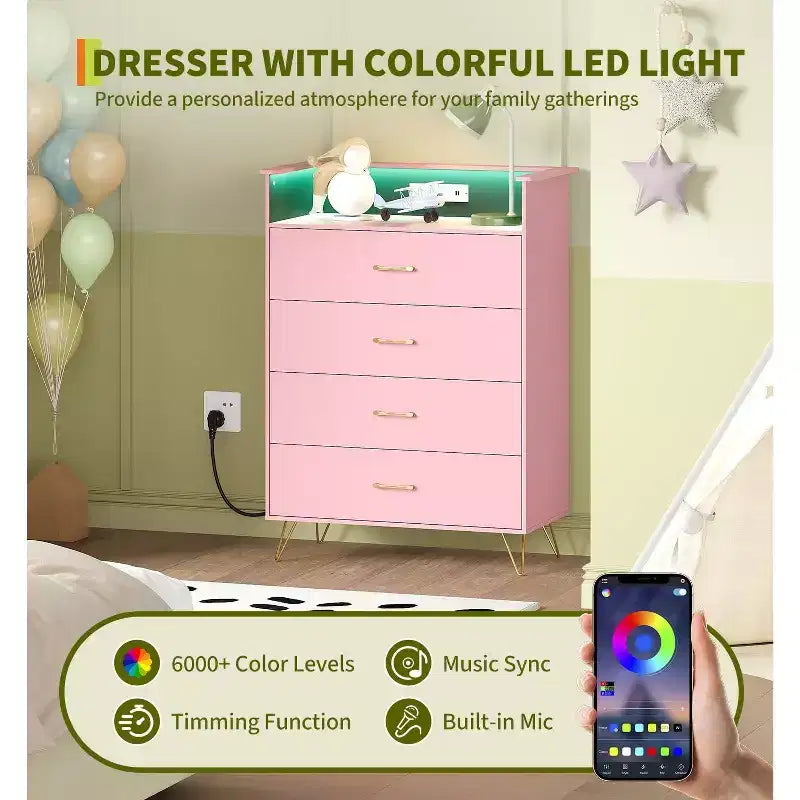 Commode en bois à 4 tiroirs intelligente avec lumières LED et station de charge | Meuble de rangement contrôlé par application avec ports USB/prises CA pour chambre, salon