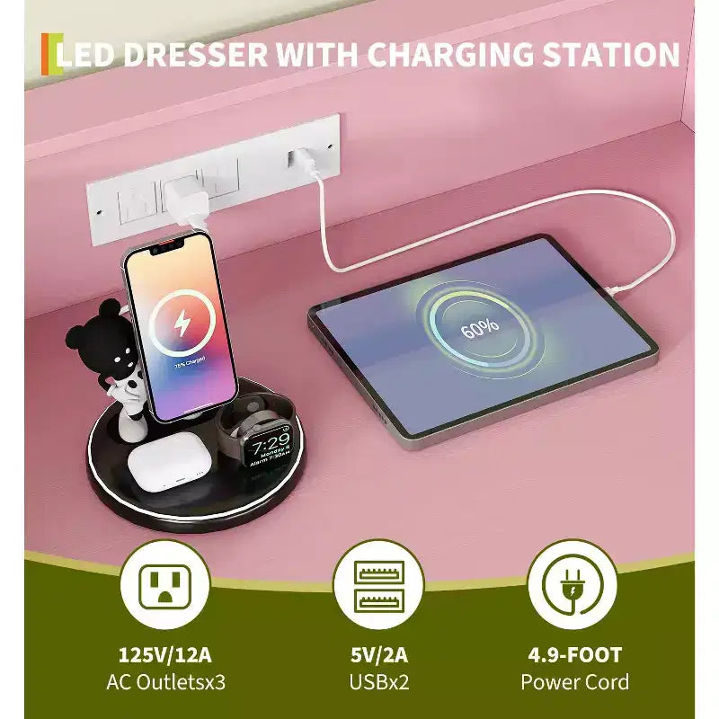 Commode en bois à 4 tiroirs intelligente avec lumières LED et station de charge | Meuble de rangement contrôlé par application avec ports USB/prises CA pour chambre, salon