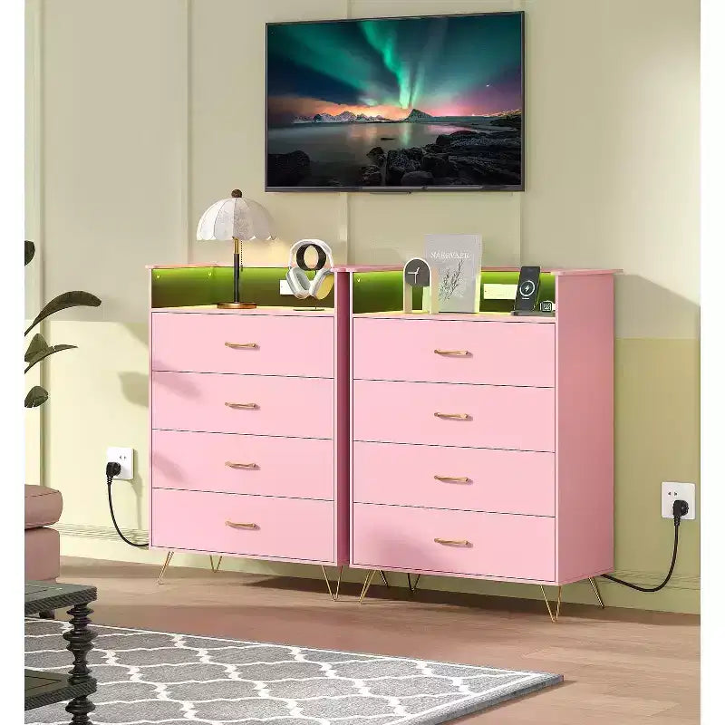 Commode en bois à 4 tiroirs intelligente avec lumières LED et station de charge | Meuble de rangement contrôlé par application avec ports USB/prises CA pour chambre, salon