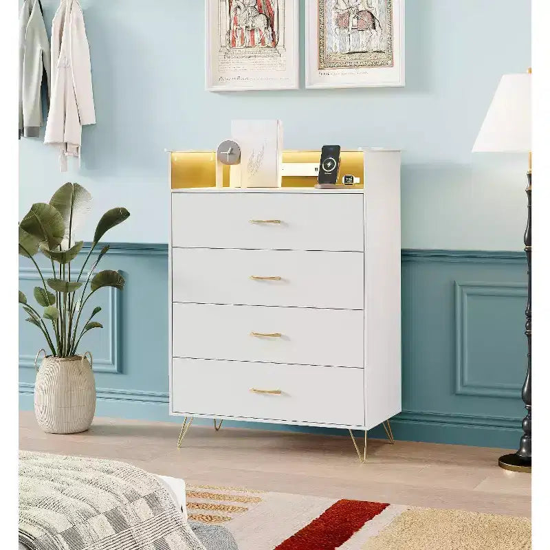 Commode en bois à 4 tiroirs intelligente avec lumières LED et station de charge | Meuble de rangement contrôlé par application avec ports USB/prises CA pour chambre, salon