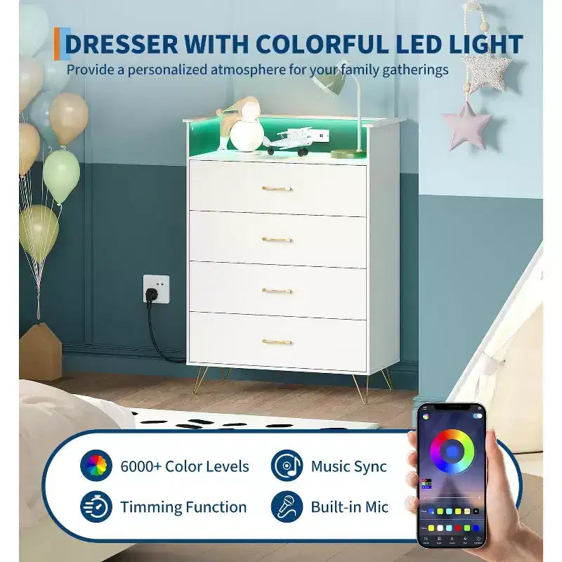 Commode en bois à 4 tiroirs intelligente avec lumières LED et station de charge | Meuble de rangement contrôlé par application avec ports USB/prises CA pour chambre, salon