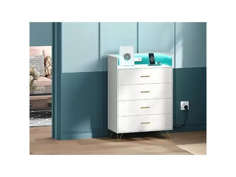Commode en bois à 4 tiroirs intelligente avec lumières LED et station de charge | Meuble de rangement contrôlé par application avec ports USB/prises CA pour chambre, salon