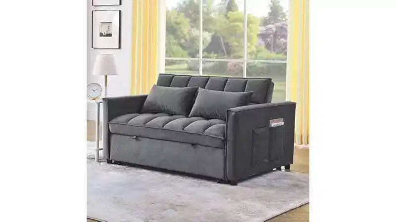 Convertible Sofa Bed with Adjustable Backrest - 3-Position Recliner , Pull-Out Sleeper, Two Side Pockets, 2 Pillows for Living Room, Grey
