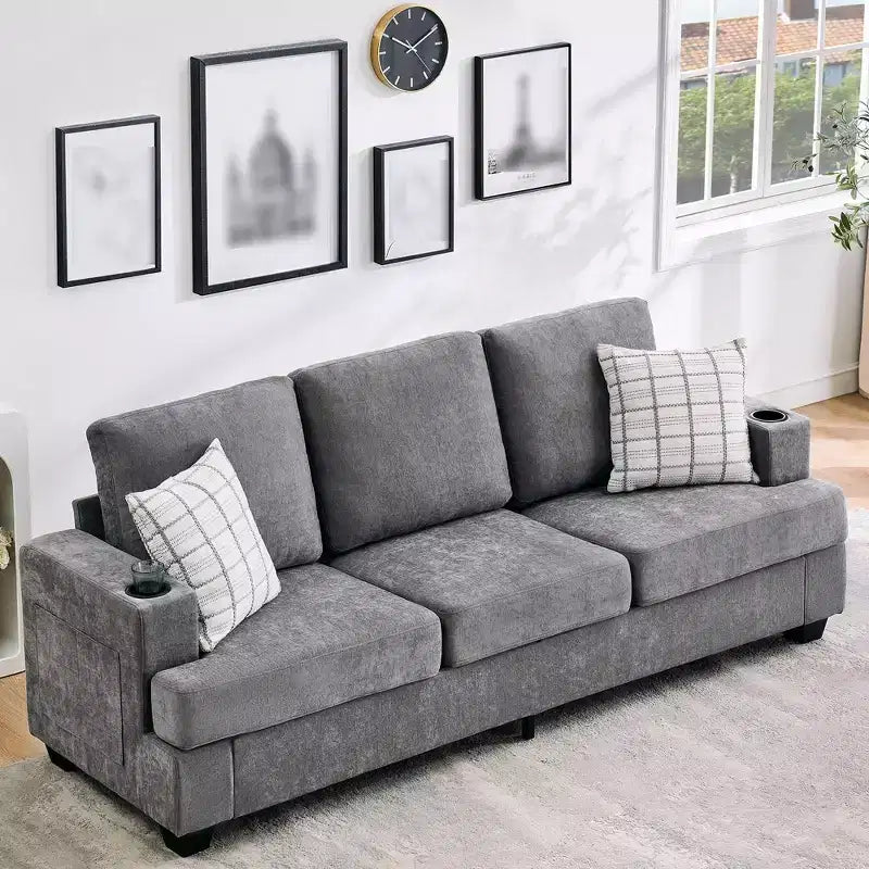 Canapé moderne 88 avec accoudoirs moelleux, canapé 3 places rembourré avec porte-gobelets et poches latérales, canapé profond pour salon et chambre à coucher