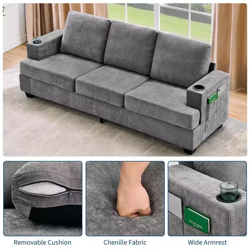 Canapé moderne 88 avec accoudoirs moelleux, canapé 3 places rembourré avec porte-gobelets et poches latérales, canapé profond pour salon et chambre à coucher