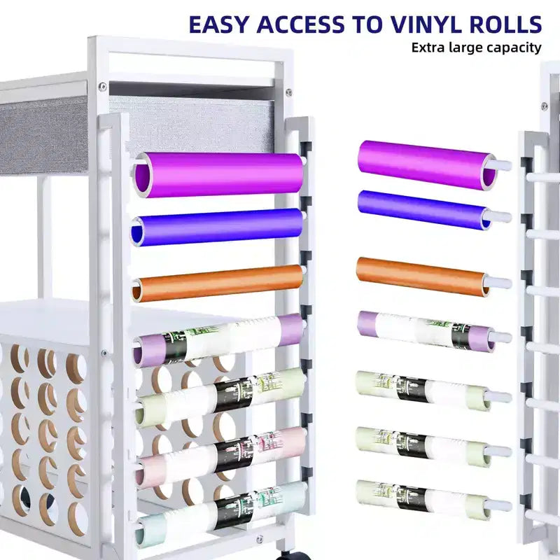Support de rangement à roulettes pour travaux manuels, 47 emplacements, avec tiroir, support de rouleaux de vinyle et crochets pour machines Cricut et artisanat à domicile