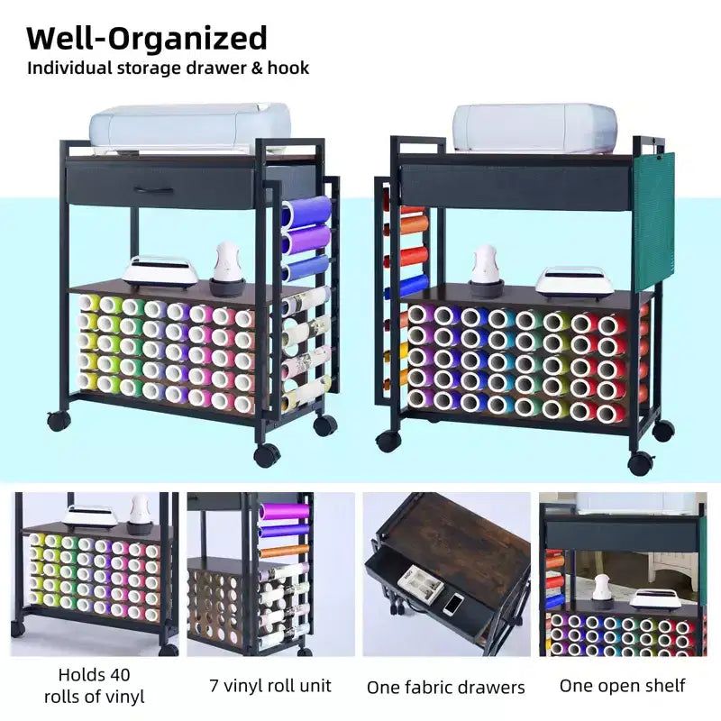 Support de rangement à roulettes pour travaux manuels, 47 emplacements, avec tiroir, support de rouleaux de vinyle et crochets pour machines Cricut et artisanat à domicile