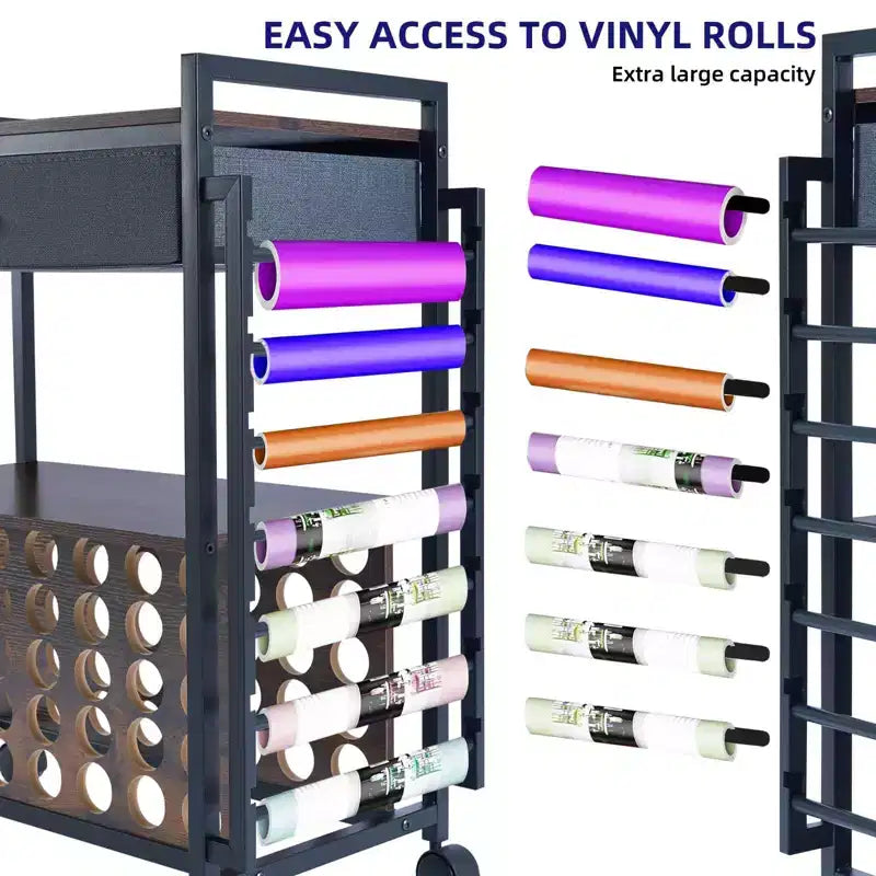 Support de rangement à roulettes pour travaux manuels, 47 emplacements, avec tiroir, support de rouleaux de vinyle et crochets pour machines Cricut et artisanat à domicile