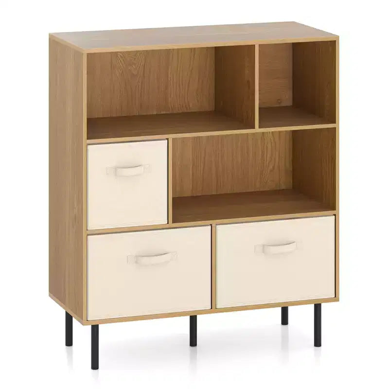 Costway Étagère 6 cubes avec 3 tiroirs en tissu pliant amovibles Pieds en métal pour salon Naturel/Blanc
