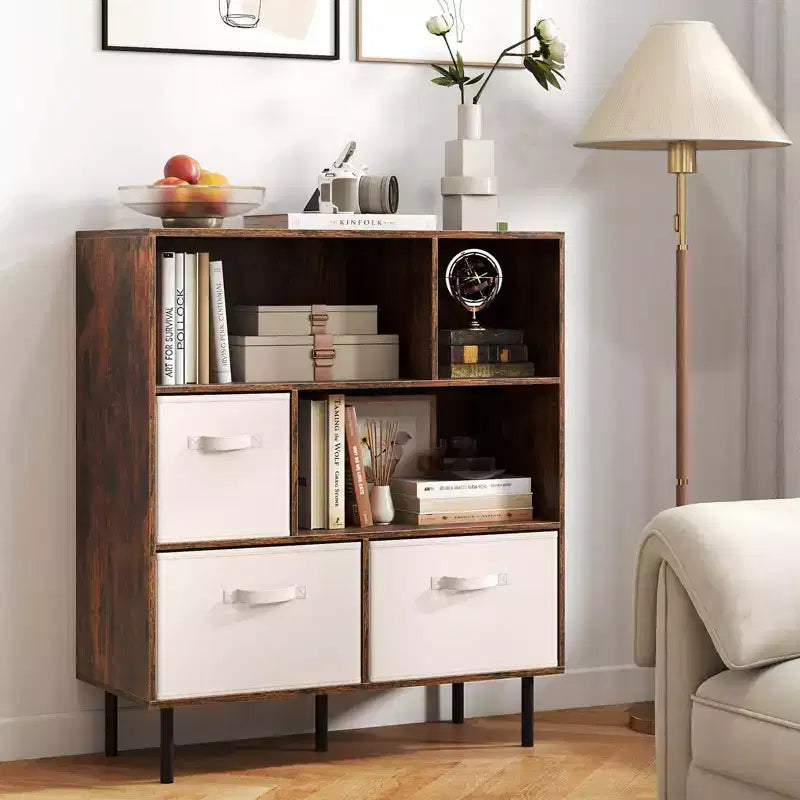 Costway Étagère 6 cubes avec 3 tiroirs en tissu pliant amovibles Pieds en métal pour salon Naturel/Blanc