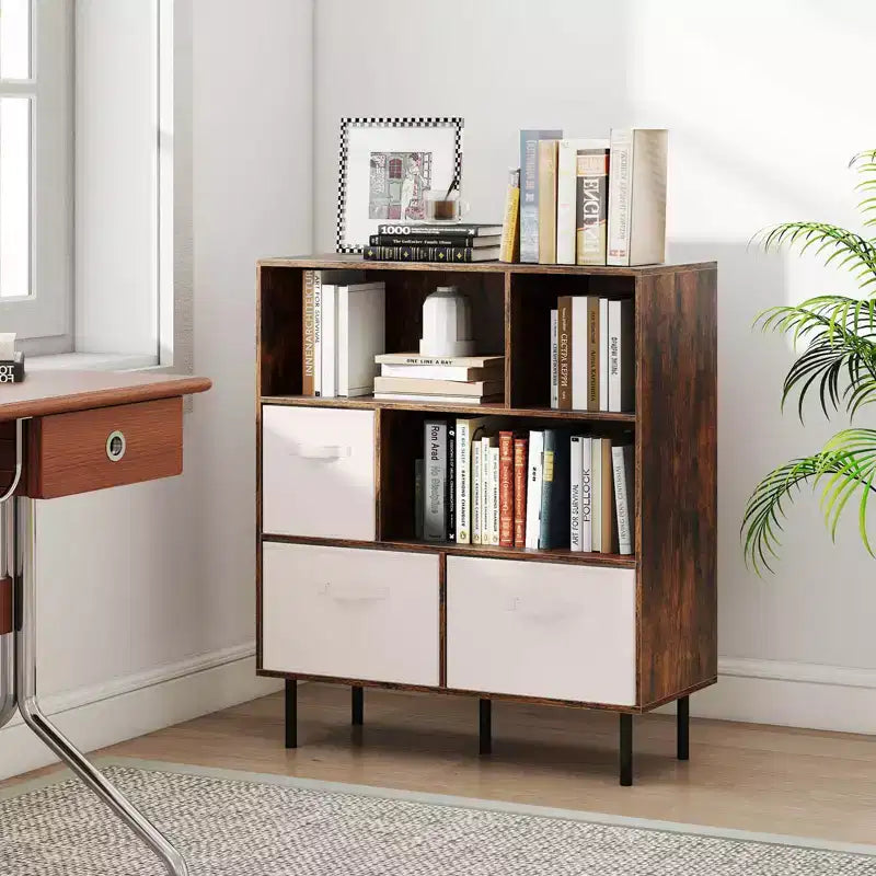 Costway Étagère 6 cubes avec 3 tiroirs en tissu pliant amovibles Pieds en métal pour salon Naturel/Blanc