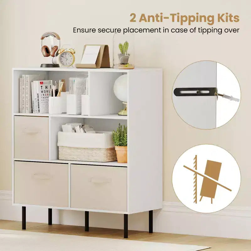 Costway Étagère 6 cubes avec 3 tiroirs en tissu pliant amovibles Pieds en métal pour salon Naturel/Blanc