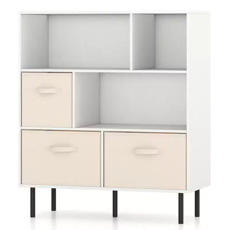 Costway Étagère 6 cubes avec 3 tiroirs en tissu pliant amovibles Pieds en métal pour salon Naturel/Blanc