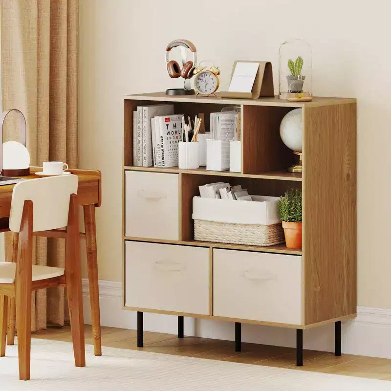 Costway Étagère 6 cubes avec 3 tiroirs en tissu pliant amovibles Pieds en métal pour salon Naturel/Blanc