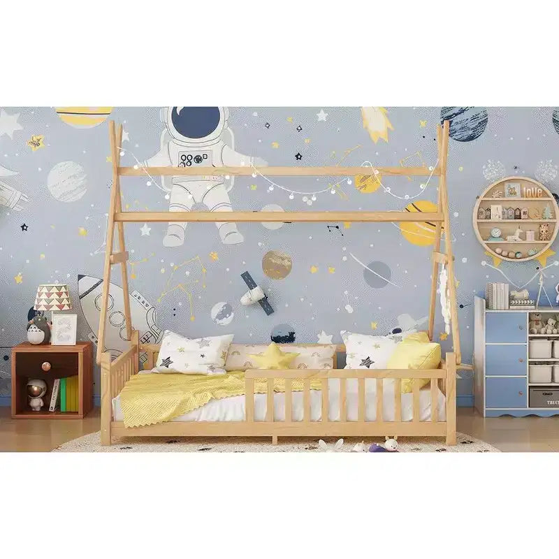 Lit de sol double TUYOHW pour tout-petits avec clôture et toit pour enfants, lit Montessori moderne en forme de maison avec lumière pour chambre à coucher.