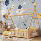 Lit de sol double TUYOHW pour tout-petits avec clôture et toit pour enfants, lit Montessori moderne en forme de maison avec lumière pour chambre à coucher.