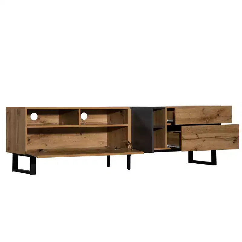 Meuble TV pour téléviseur de 80 pouces, meuble de rangement en bois, console média moderne avec portes abattantes, centre de divertissement pour salon, en bois