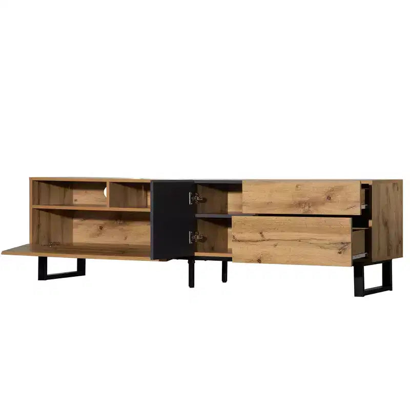 Meuble TV pour téléviseur de 80 pouces, meuble de rangement en bois, console média moderne avec portes abattantes, centre de divertissement pour salon, en bois