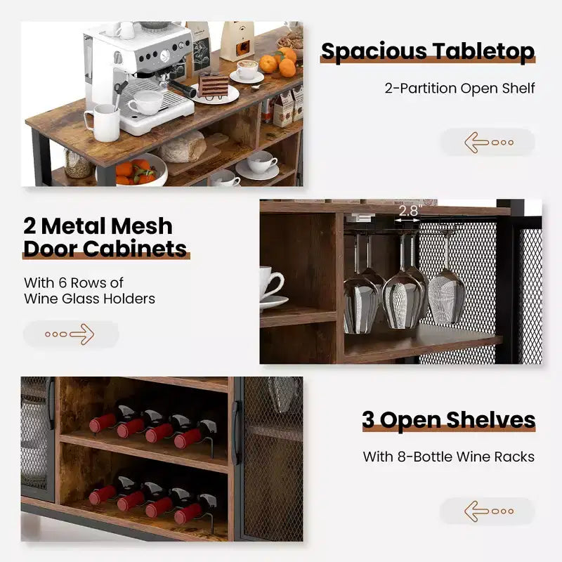Meuble de bar Costway Buffet Vaisselier de 140 cm avec 8 Porte-Bouteilles