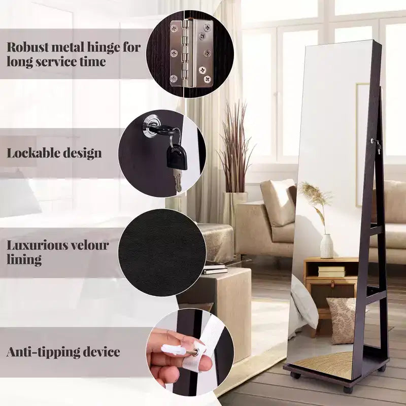 Costway Grande Armoire à Bijoux avec Lumières 3 Couleurs, Étagères Réglables et Roulettes