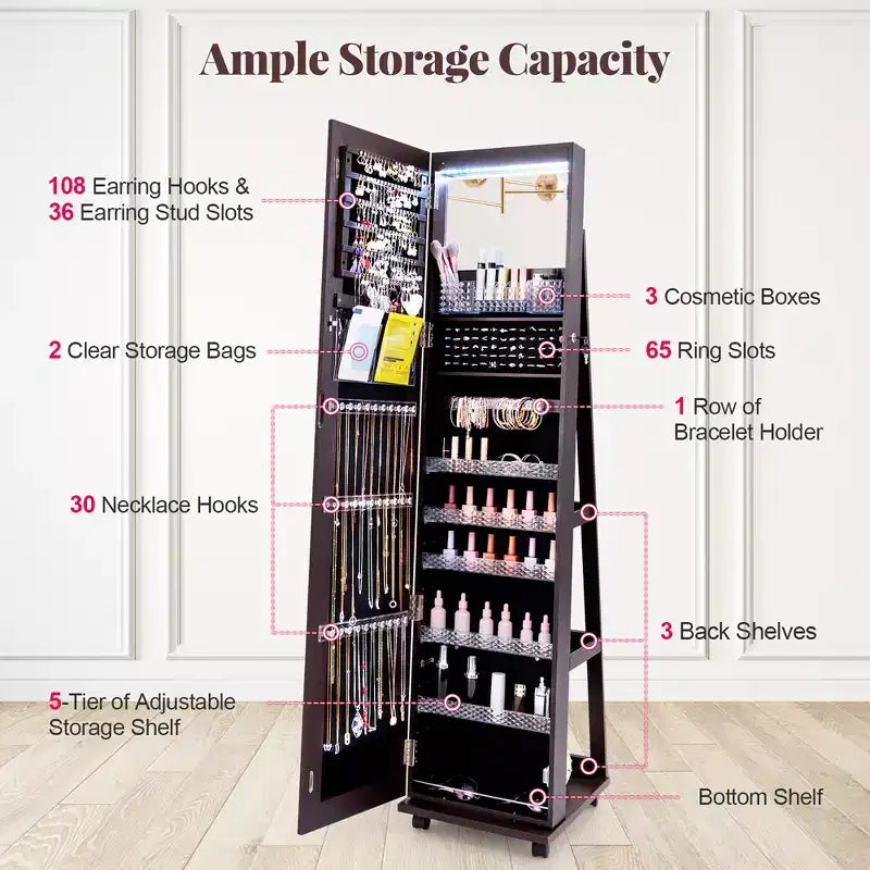 Costway Grande Armoire à Bijoux avec Lumières 3 Couleurs, Étagères Réglables et Roulettes