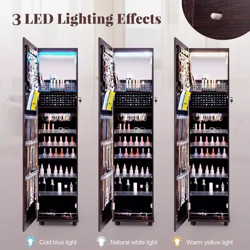 Costway Grande Armoire à Bijoux avec Lumières 3 Couleurs, Étagères Réglables et Roulettes