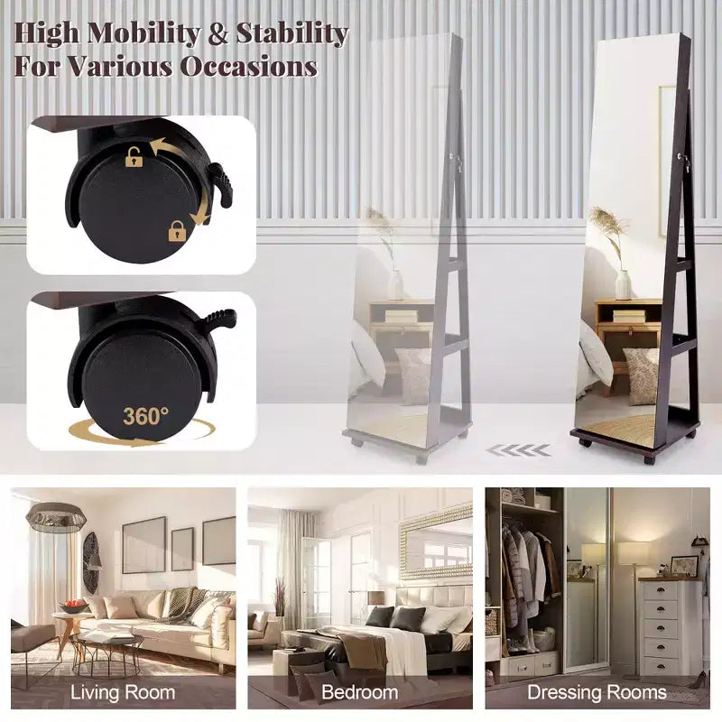 Costway Grande Armoire à Bijoux avec Lumières 3 Couleurs, Étagères Réglables et Roulettes