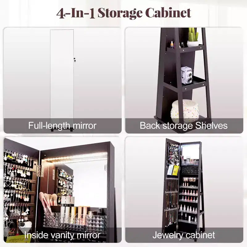 Costway Grande Armoire à Bijoux avec Lumières 3 Couleurs, Étagères Réglables et Roulettes