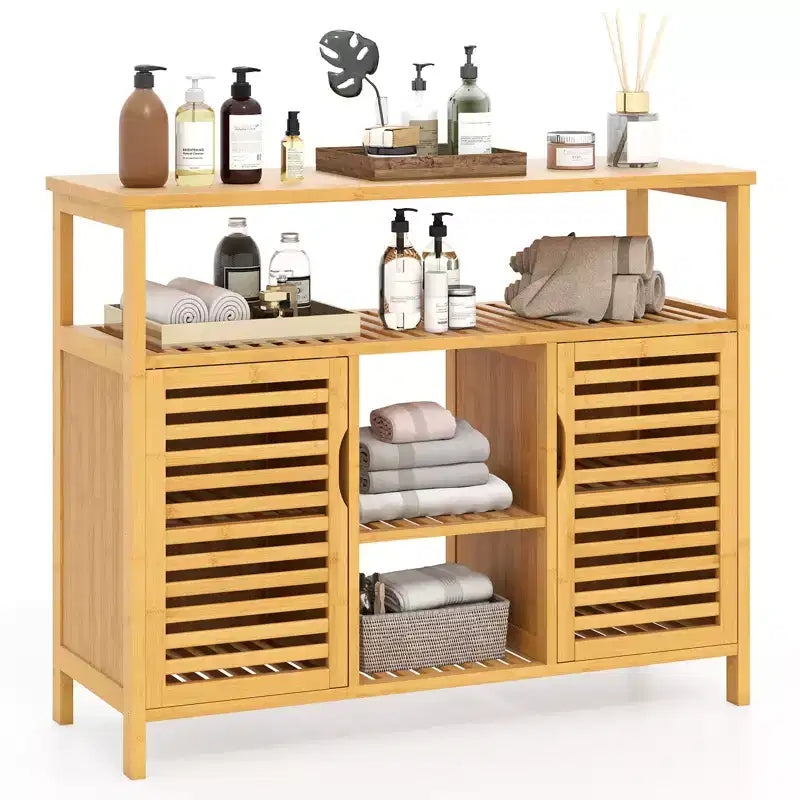 Costway Bamboo Bathroom Cabinet 2-Door Storage Organizer w/ Shelves for Living Room