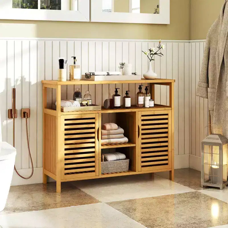 Meuble de salle de bain Costway en bambou avec 2 portes et étagères de rangement pour salon