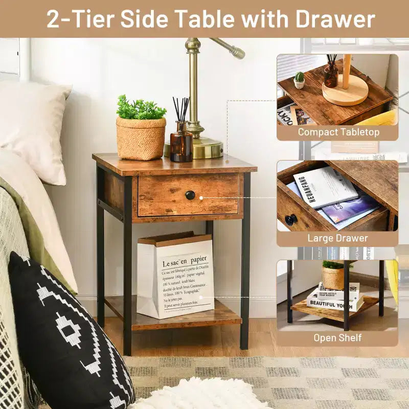 Costway Lot de 2 tables de chevet industrielles à 2 niveaux avec tiroir de rangement et étagère, tables d'appoint avec cadre en métal, marron