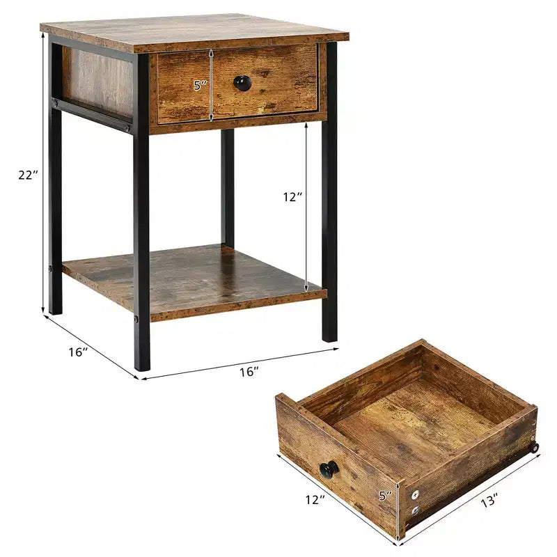 Costway Lot de 2 tables de chevet industrielles à 2 niveaux avec tiroir de rangement et étagère, tables d'appoint avec cadre en métal, marron