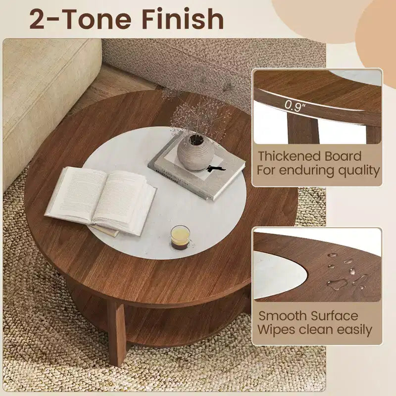 Table basse ronde Costway avec plateau bicolore et étagère de rangement ouverte, pieds en bois