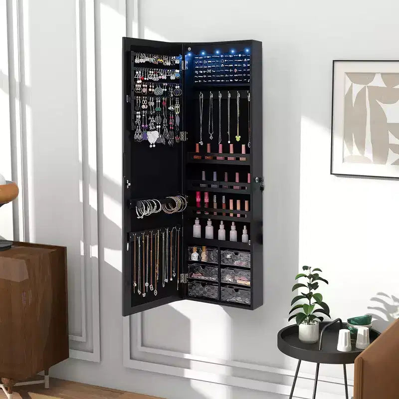 Costway Armoire à bijoux avec miroir pleine longueur, lumières LED intégrées, crochets et étagères