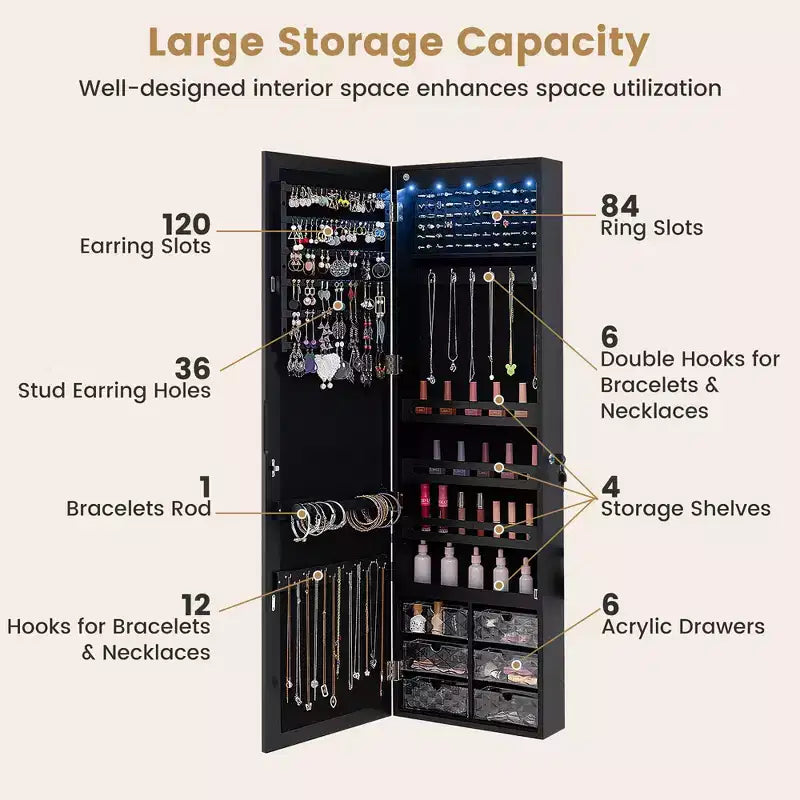 Costway Armoire à bijoux avec miroir pleine longueur, lumières LED intégrées, crochets et étagères