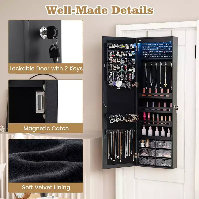 Costway Armoire à bijoux avec miroir pleine longueur, lumières LED intégrées, crochets et étagères