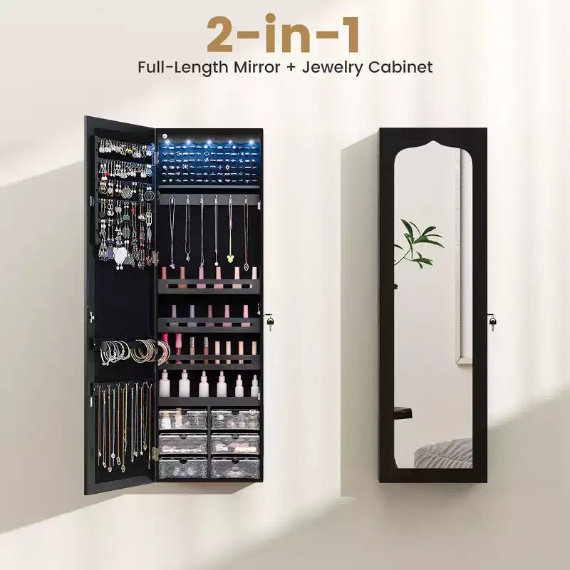 Costway Armoire à bijoux avec miroir pleine longueur, lumières LED intégrées, crochets et étagères