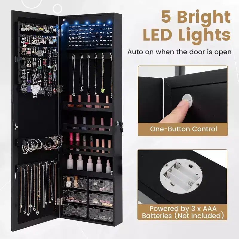 Costway Armoire à bijoux avec miroir pleine longueur, lumières LED intégrées, crochets et étagères