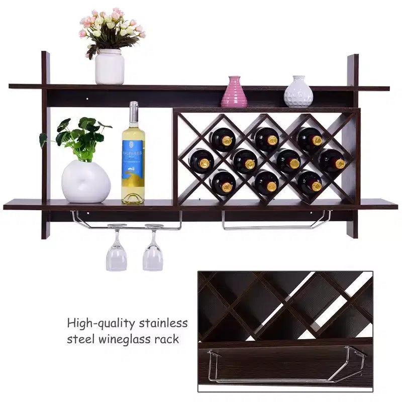 Costway Range-bouteilles mural avec porte-verres et étagère de rangement Décoration intérieure