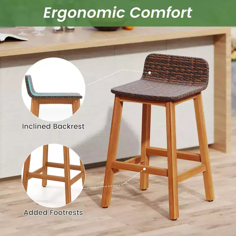 Tabourets de Bar Costway en Bois d'Acacia Massif, Lot de 2 Chaises de Bar en Rotin pour Patio, Hauteur Bar