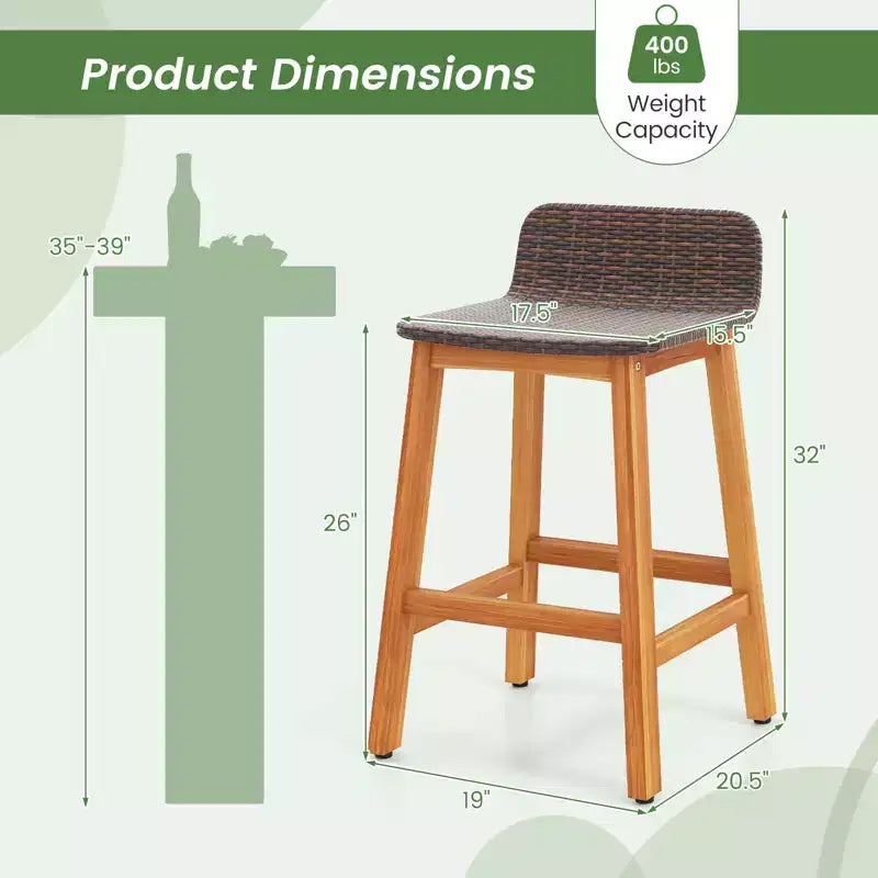 Tabourets de Bar Costway en Bois d'Acacia Massif, Lot de 2 Chaises de Bar en Rotin pour Patio, Hauteur Bar